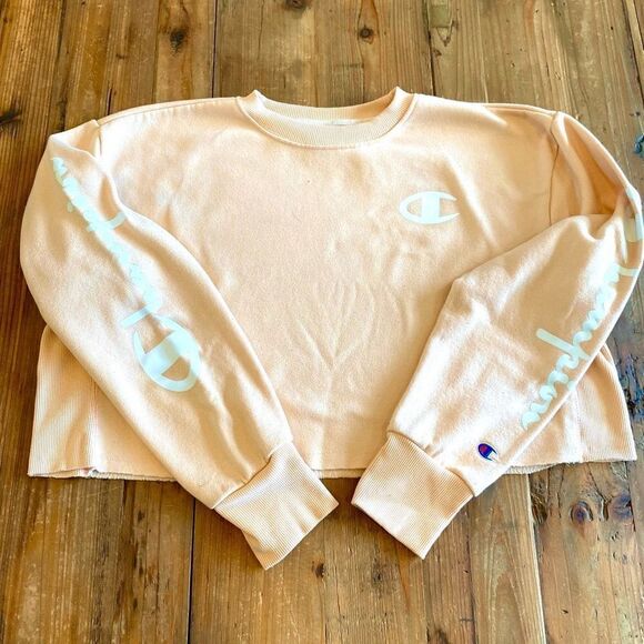 Champion Cropped Sweatshirt Peach Log Sleeve Size Medium - Picture 16 of 16